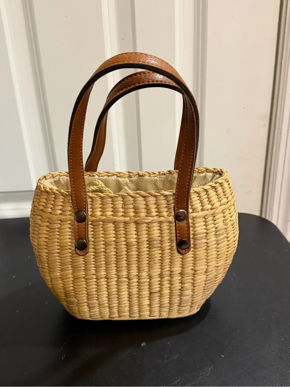 Natural Woven Tote with Brown Leather Handles